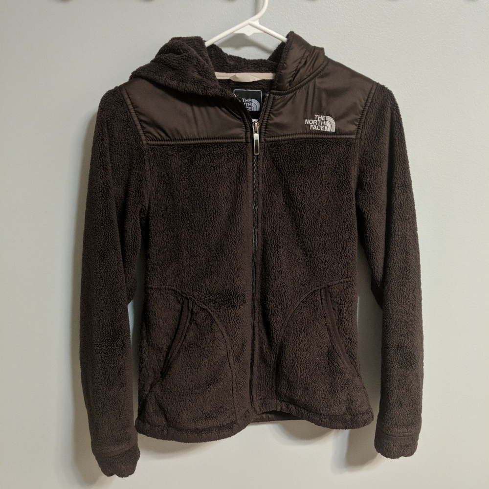Brown North Face fleece full zip with hood